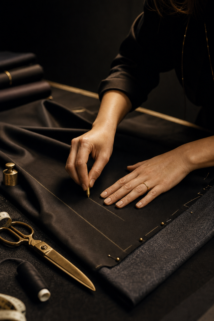 Tailor marking premium black fabric with gold chalk