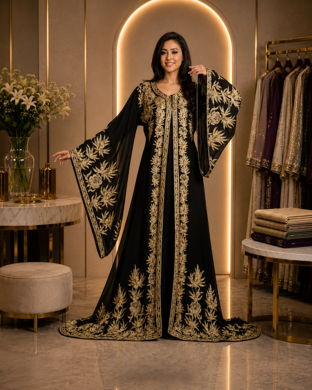Full-length classic black abaya with detailed antique-gold floral embroidery.