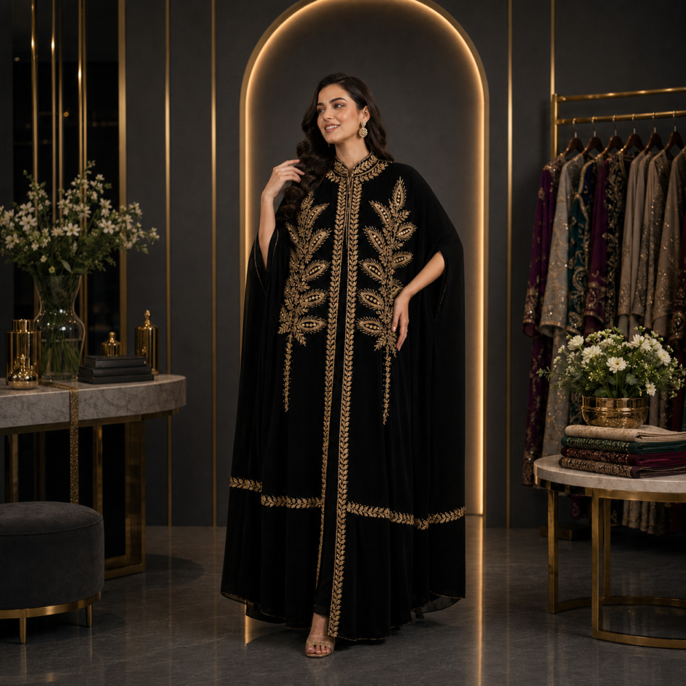 Full-length black abaya with refined antique-gold botanical embroidery in a noir atelier.