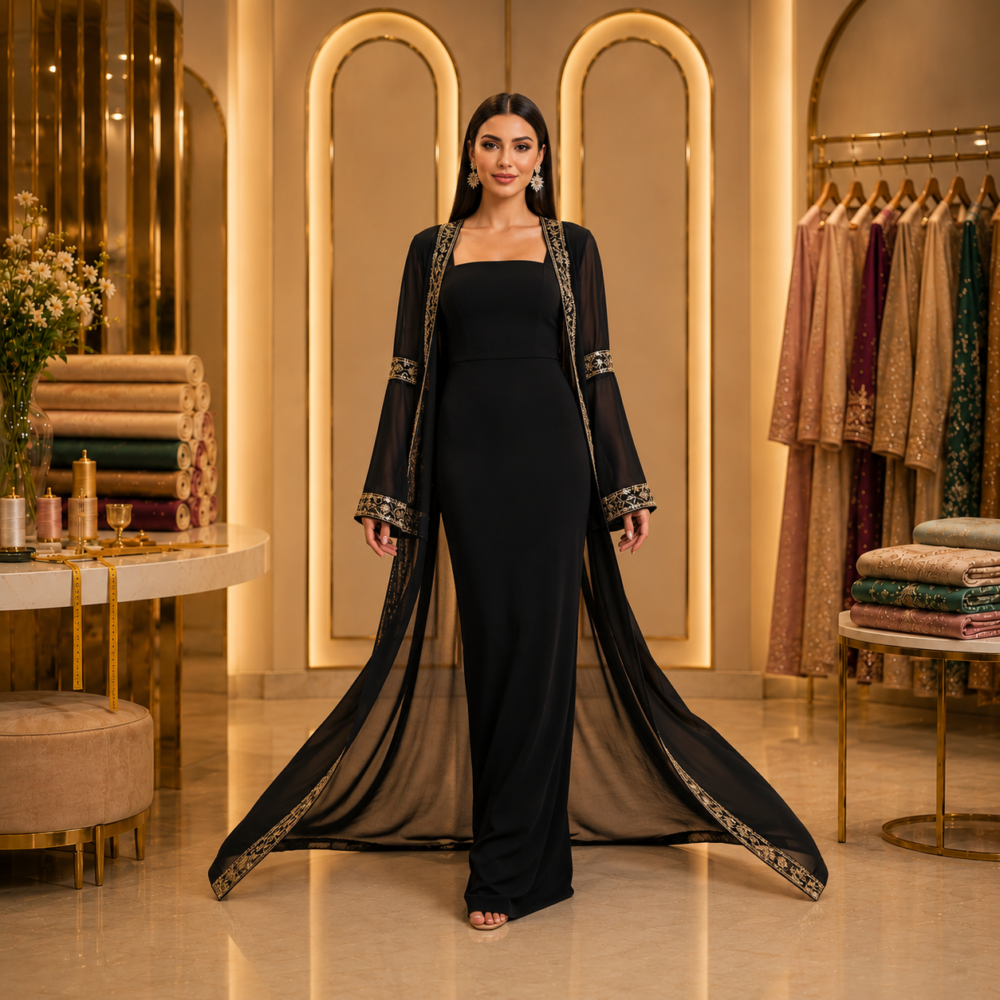 Full-length black evening ensemble with a flowing sheer embroidered overlay in a warm tailoring studio.