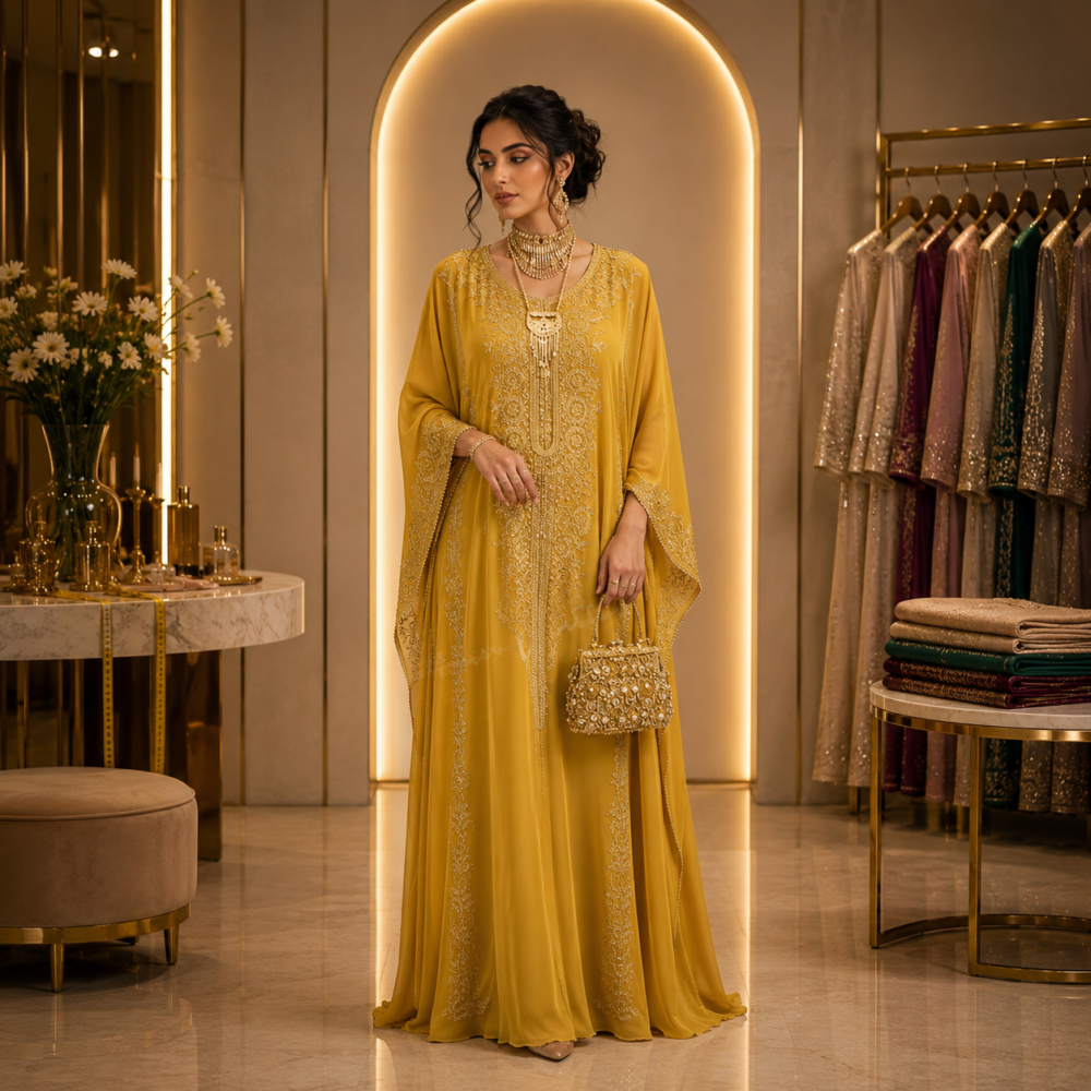 Full-length gold jalabiya with intricate tonal embroidery in a refined tailoring studio.