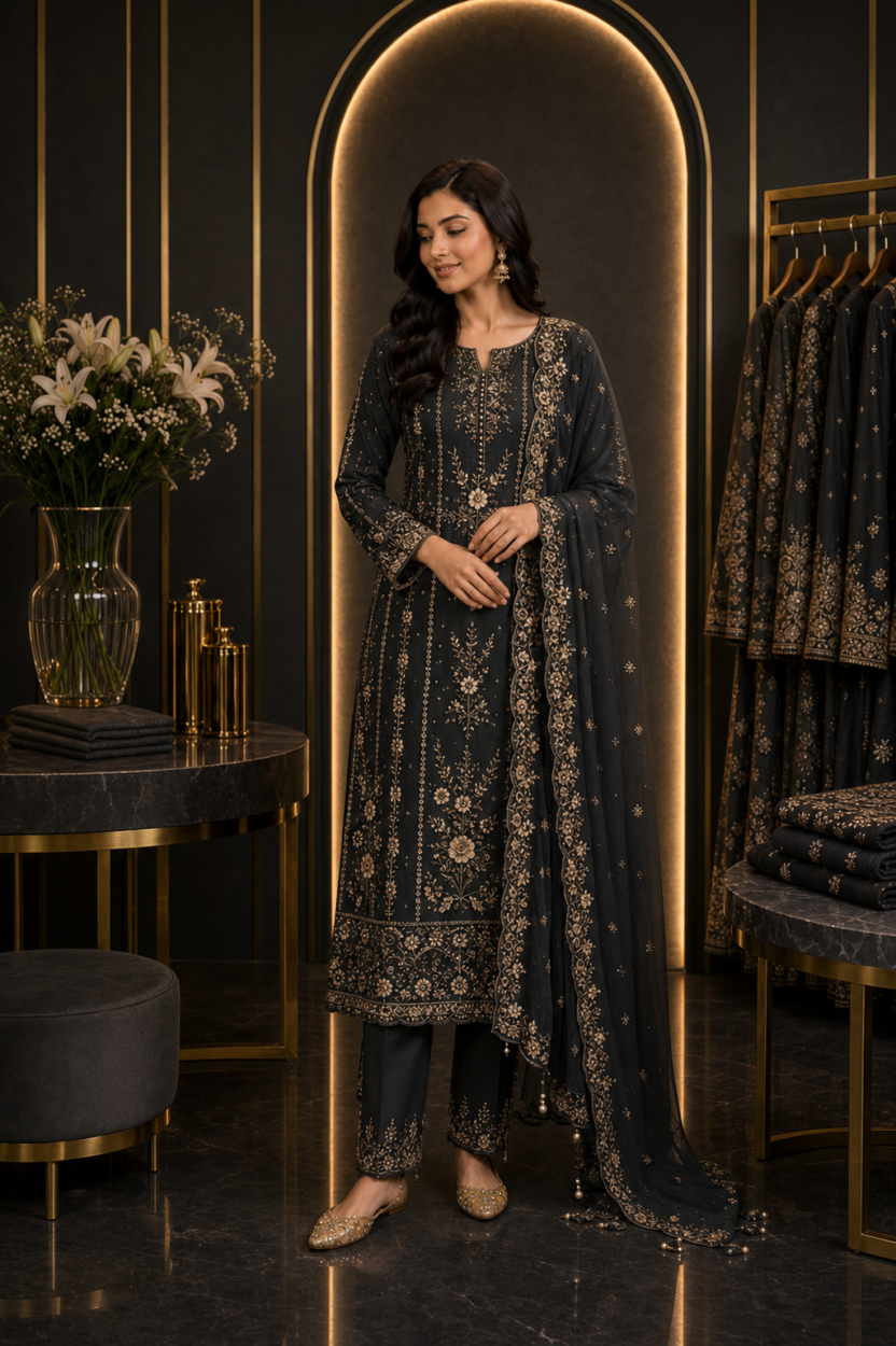 Charcoal-black Pakistani formal suit with warm ivory and antique-gold floral embroidery.