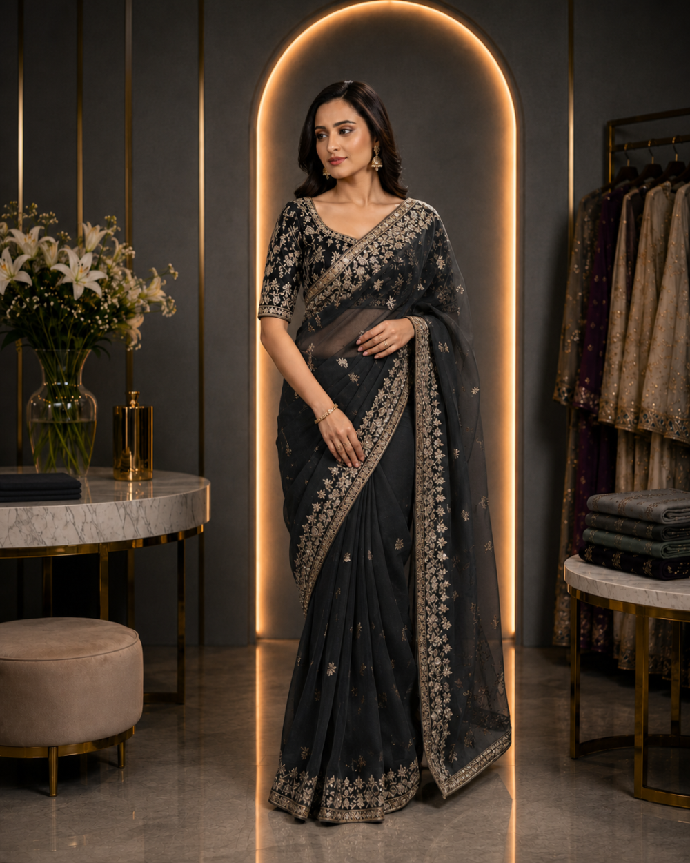 Black saree with champagne and antique-gold borders, styled in a premium noir atelier.