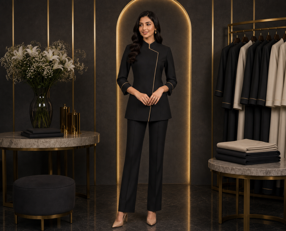 Structured charcoal-black professional uniform with precise restrained gold piping.